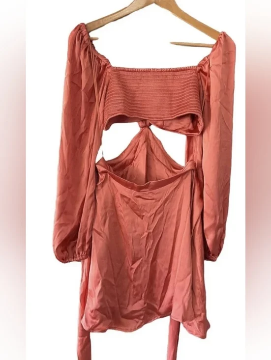 $220 Free People Justin Satin Cut Out Mini Dress Coral Size M - Picture 4 of 8